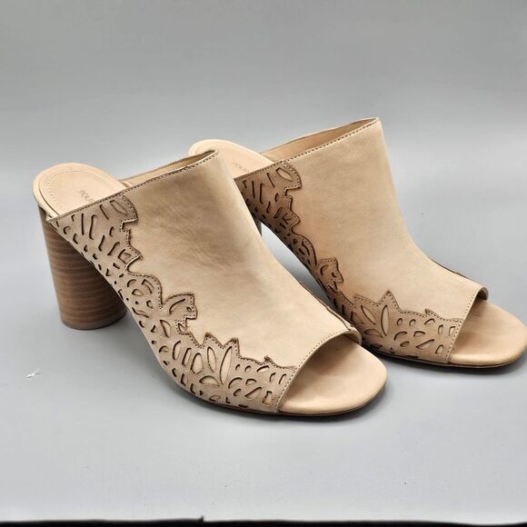 Pour la Victoire Women's Helaine Cutwork Mules Tan Leather Size 8.5 Natural Heel - Picture 1 of 11